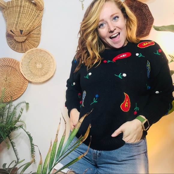 Vintage Sweaters - vintage 90s floral oversized black paisley sweater